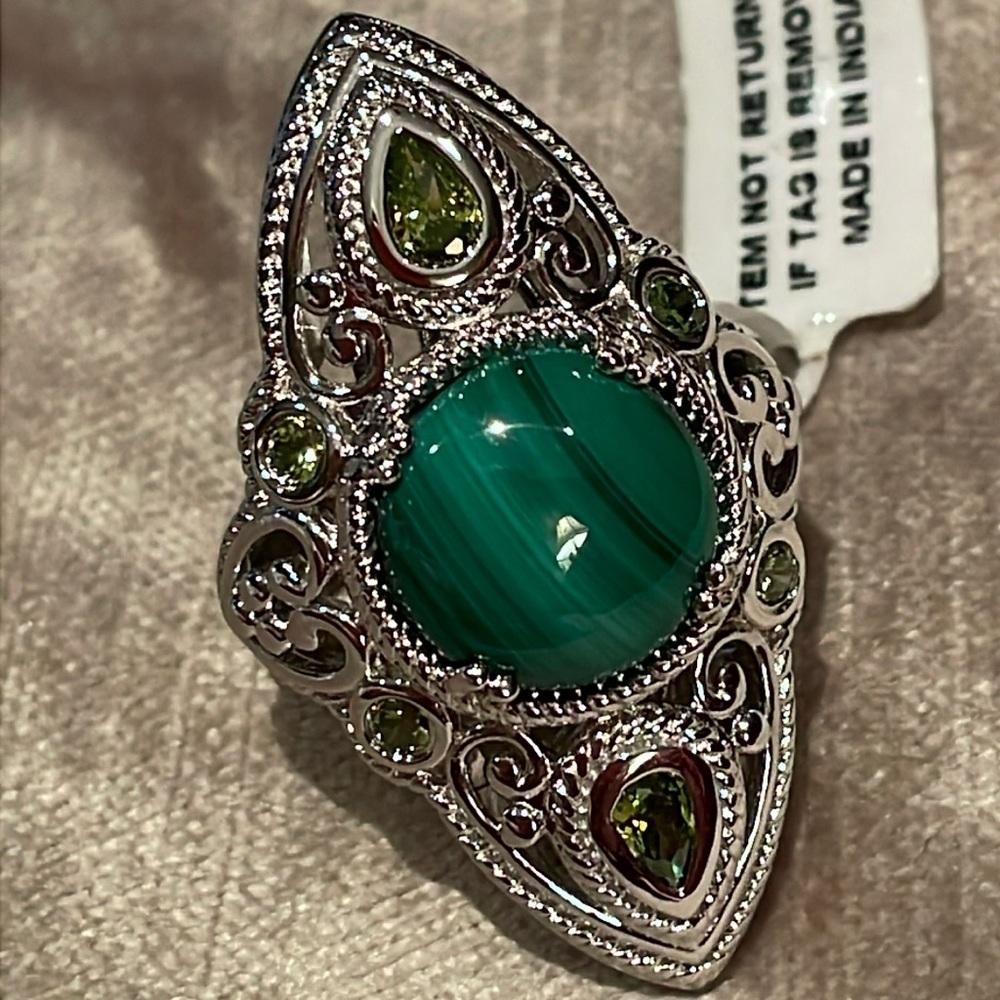 African Malachite Cz Peridot Ring